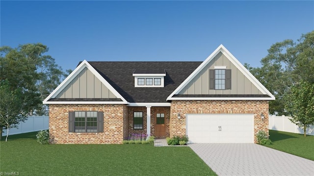 craftsman-style house featuring board and batten siding, a front yard, decorative driveway, and brick siding