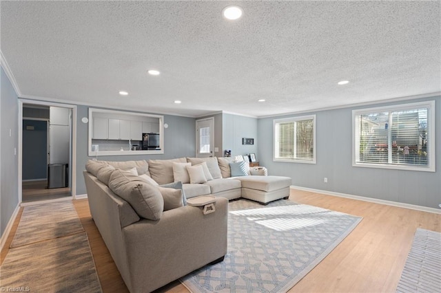 living room featuring a textured ceiling, light hardwood / wood-style flooring, and ornamental molding