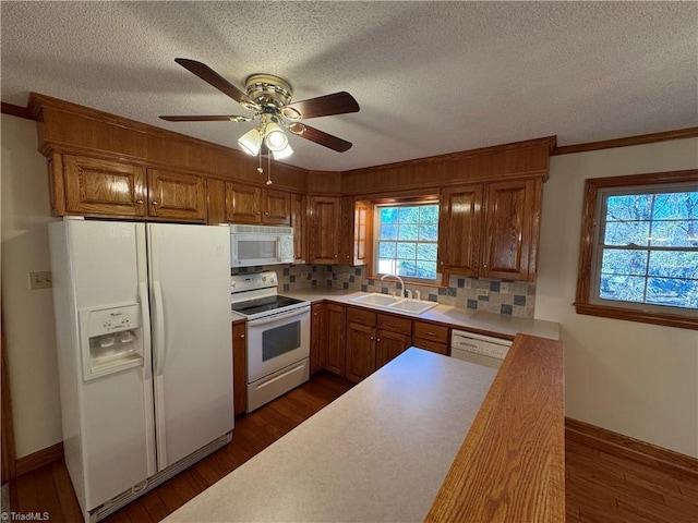 kitchen with sink, dark hardwood / wood-style flooring, decorative backsplash, ornamental molding, and white appliances