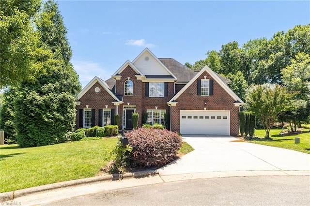 1905 Overshoot Ct, Greensboro, NC 27455 - view of front facade featuring brick siding, driveway, a front lawn, and a garage
