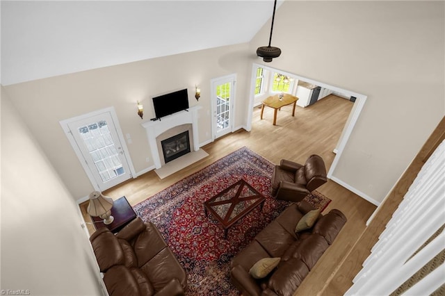 1905 Overshoot Ct, Greensboro, NC 27455 - living room with high vaulted ceiling, wood finished floors, and a fireplace with flush hearth