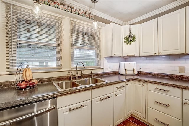 kitchen with dishwasher, white cabinets, crown molding, sink, and hanging light fixtures