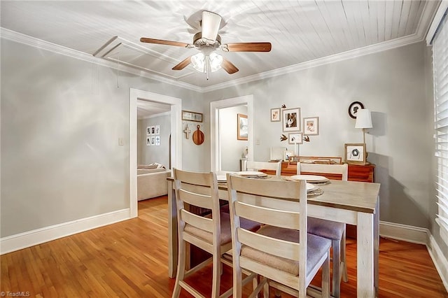 dining area featuring ceiling fan, light hardwood / wood-style flooring, wood ceiling, and ornamental molding