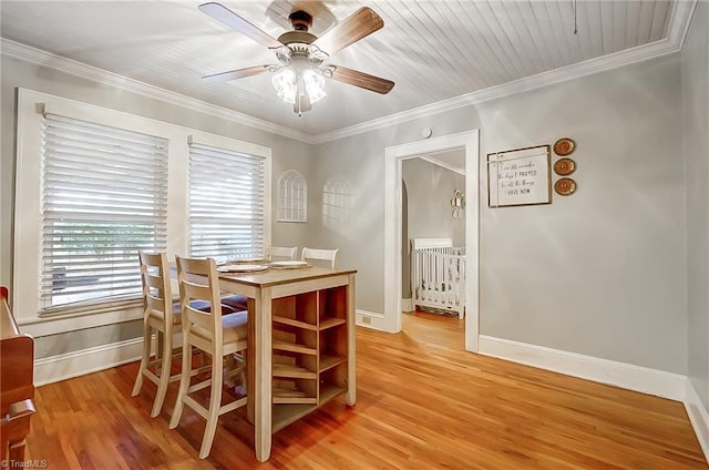 dining room featuring hardwood / wood-style floors, ceiling fan, ornamental molding, and wooden ceiling