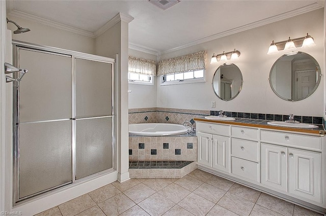 bathroom featuring tile patterned floors, ornamental molding, and separate shower and tub