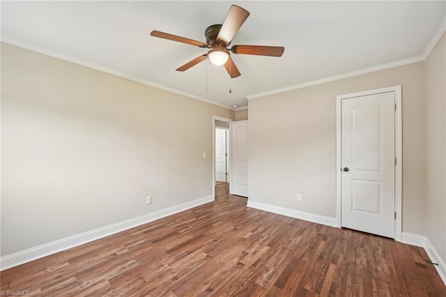 unfurnished bedroom featuring wood finished floors, baseboards, ornamental molding, and ceiling fan