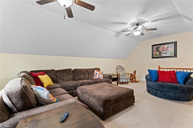 carpeted living room featuring vaulted ceiling, a ceiling fan, visible vents, and baseboards