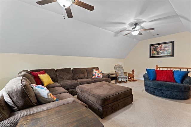 living room featuring baseboards, lofted ceiling, carpet, and a ceiling fan