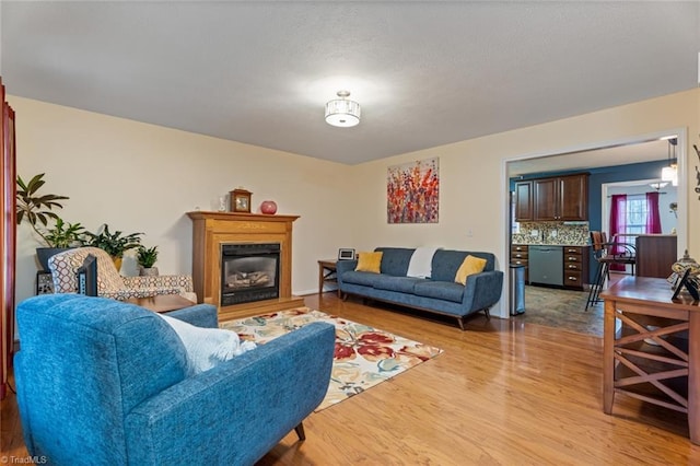 living area with a glass covered fireplace and light wood-type flooring