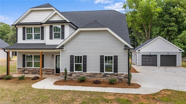 1337 Union Cross Rd, Kernersville, NC 27284 - craftsman-style home with a porch, an outdoor structure, stone siding, a shingled roof, and a garage