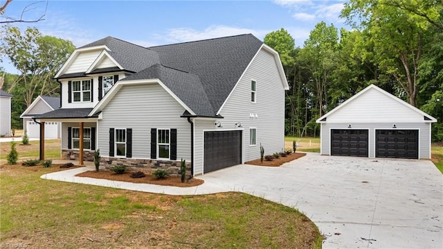 1337 Union Cross Rd, Kernersville, NC 27284 - modern farmhouse with a shingled roof, an outdoor structure, and a front lawn