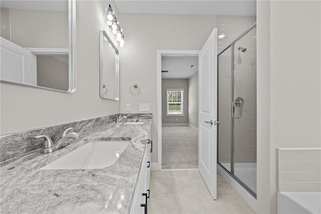 1337 Union Cross Rd, Kernersville, NC 27284 - bathroom with a shower stall, double vanity, tile patterned flooring, and a bathtub