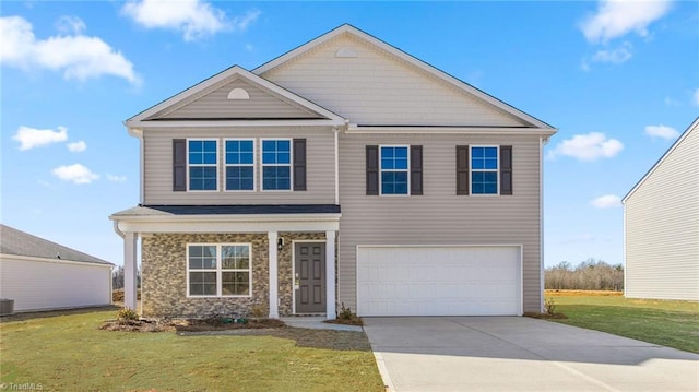 view of front facade featuring central AC unit, a garage, and a front yard