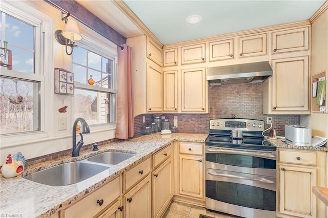 kitchen with sink, range with two ovens, exhaust hood, and backsplash