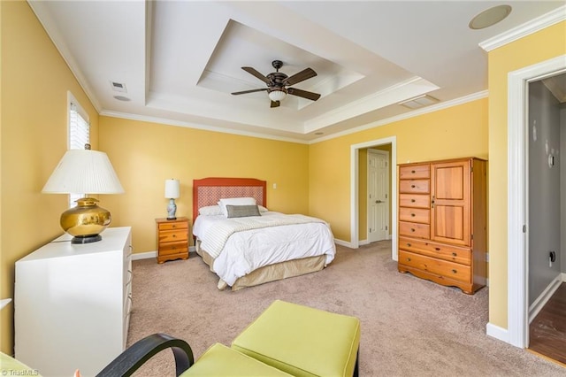 183 Scottsdale Dr, Advance, NC 27006 - carpeted bedroom featuring a raised ceiling, crown molding, baseboards, and a ceiling fan