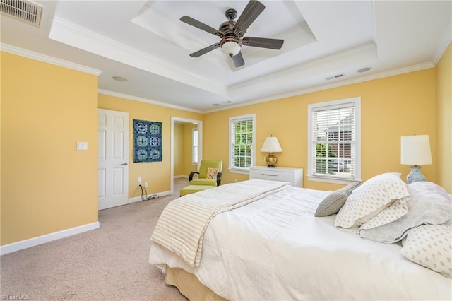 183 Scottsdale Dr, Advance, NC 27006 - bedroom featuring a raised ceiling, crown molding, light carpet, baseboards, and ceiling fan