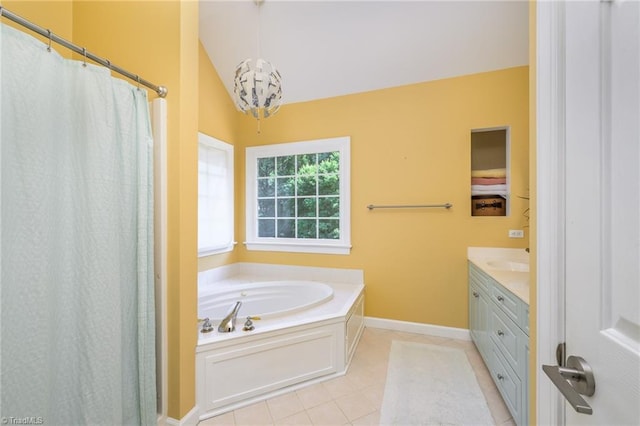 183 Scottsdale Dr, Advance, NC 27006 - bathroom featuring tile patterned flooring, a bath, vanity, baseboards, and curtained shower