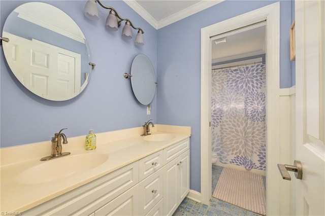 183 Scottsdale Dr, Advance, NC 27006 - bathroom featuring double vanity, toilet, a shower with curtain, and ornamental molding