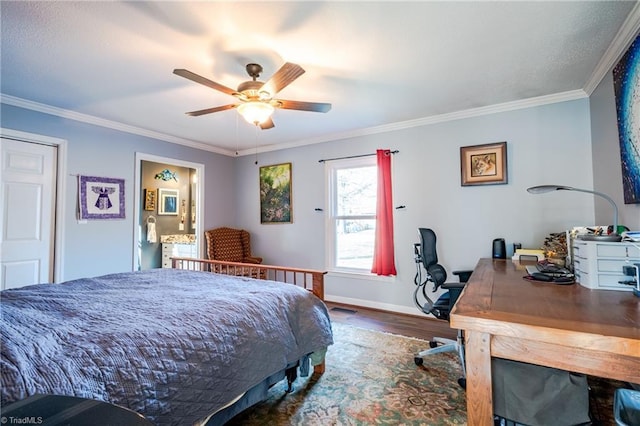 bedroom featuring crown molding, ceiling fan, and dark hardwood / wood-style flooring