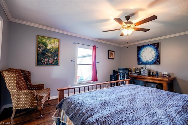 bedroom with crown molding, dark wood-type flooring, and ceiling fan