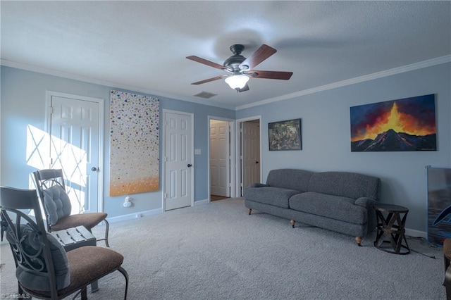 interior space with crown molding, ceiling fan, and carpet