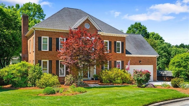 4802 Worchester Pl, Jamestown, NC 27282 - colonial house with a chimney, brick siding, a front yard, and a garage