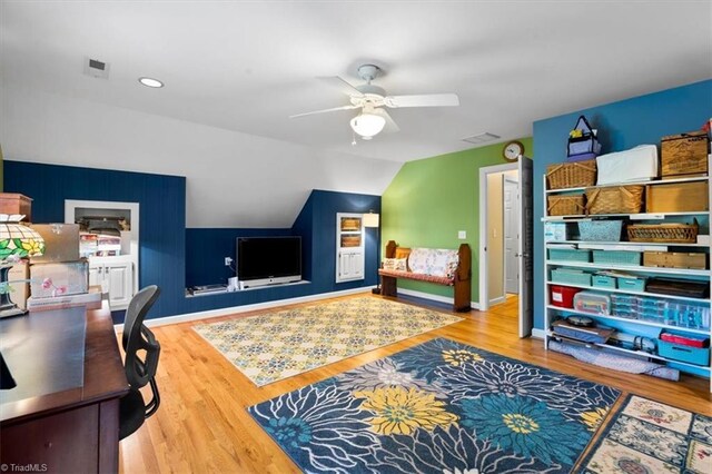 4802 Worchester Pl, Jamestown, NC 27282 - office space featuring a ceiling fan, wood finished floors, lofted ceiling, and baseboards