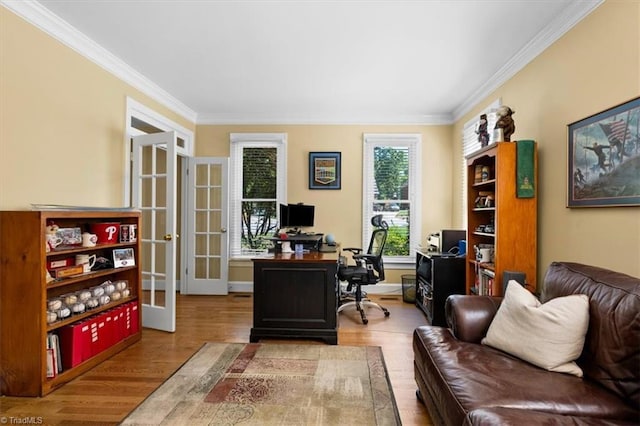 4802 Worchester Pl, Jamestown, NC 27282 - office featuring french doors, wood finished floors, and crown molding