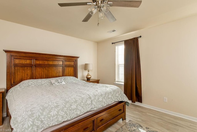 bedroom with ceiling fan and light wood-type flooring