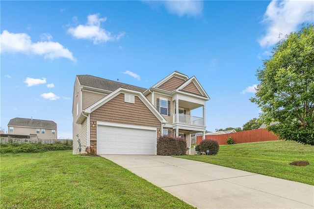 traditional home featuring stone siding, a garage, fence, concrete driveway, and a front yard