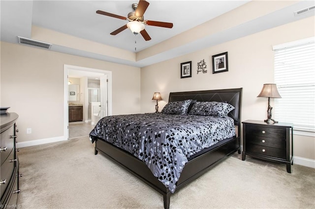 bedroom with ceiling fan, carpet flooring, baseboards, and visible vents