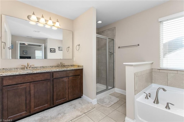 full bathroom featuring a stall shower, a bath, plenty of natural light, and tile patterned floors