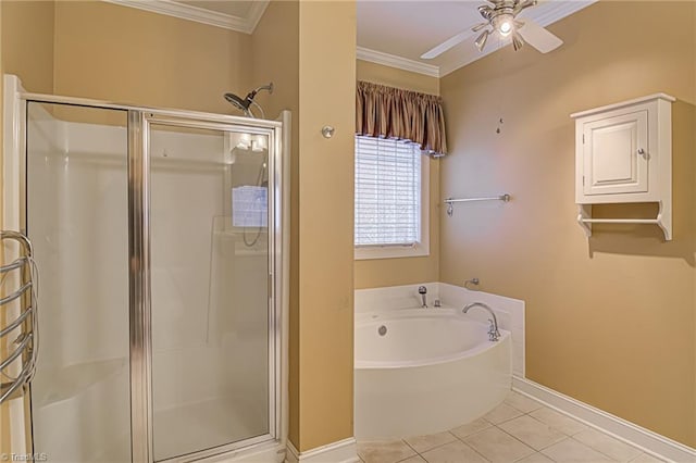 bathroom with tile patterned flooring, separate shower and tub, ceiling fan, and crown molding