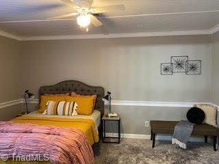 102 Aspen Ct, Winston-Salem, NC 27106 - bedroom with ornamental molding, carpet, and a ceiling fan