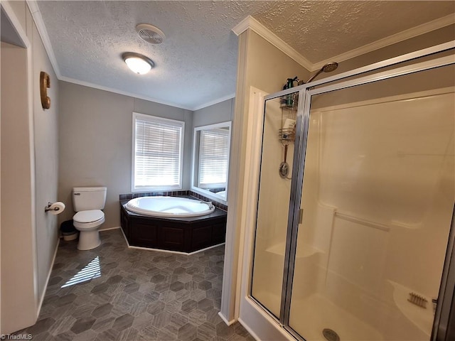 full bathroom featuring visible vents, toilet, a garden tub, crown molding, and a shower stall