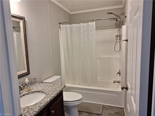 bathroom with shower / bath combo, vanity, toilet, and crown molding