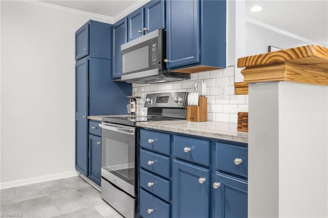 kitchen with appliances with stainless steel finishes, blue cabinetry, backsplash, ornamental molding, and light stone counters