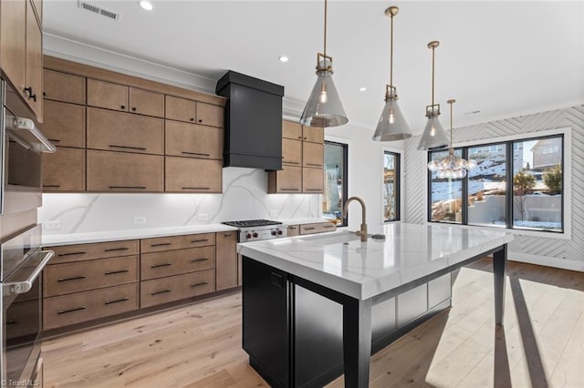 kitchen with a sink, visible vents, light wood finished floors, and custom range hood