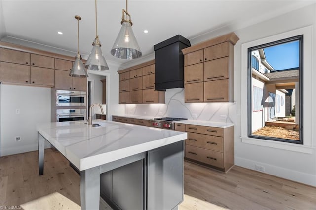 kitchen with a sink, appliances with stainless steel finishes, light wood-style flooring, and premium range hood