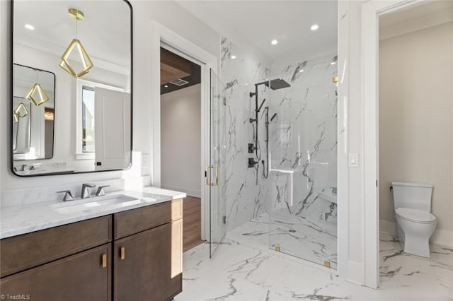 full bath with a marble finish shower, toilet, recessed lighting, marble finish floor, and vanity