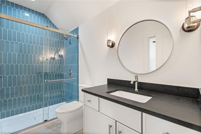 full bath featuring vanity, lofted ceiling, toilet, and a stall shower