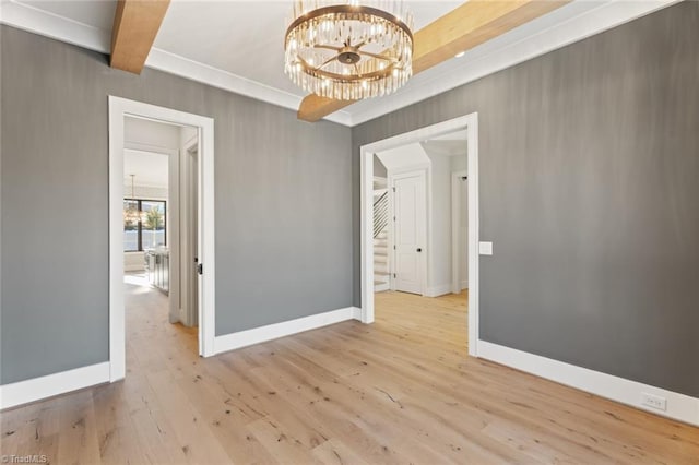 unfurnished dining area featuring an inviting chandelier, wood finished floors, baseboards, and beam ceiling