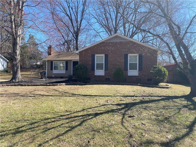 single story home featuring crawl space, brick siding, and a chimney