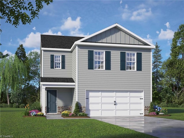 view of front of house featuring a front yard and a garage