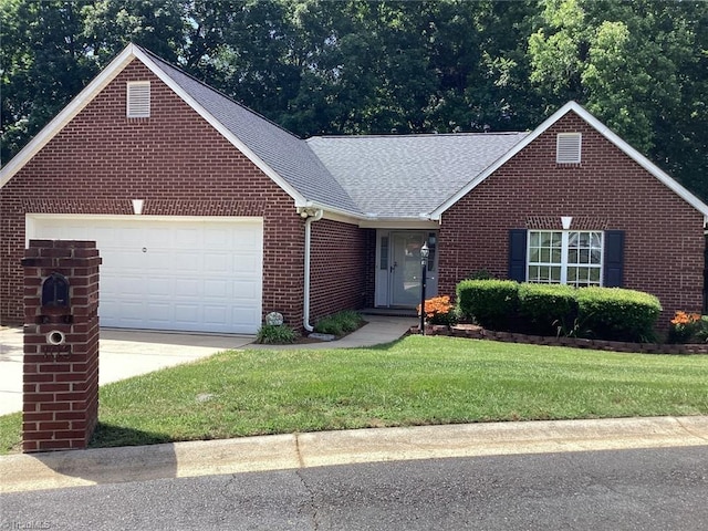 103 Prestwick Ct, Salisbury, NC 28146 - view of front facade with brick siding, a garage, roof with shingles, a front lawn, and concrete driveway