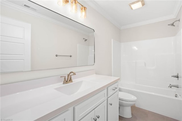 full bathroom featuring tile patterned floors, toilet, crown molding,  shower combination, and vanity