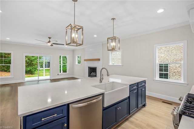 kitchen with crown molding, appliances with stainless steel finishes, sink, and blue cabinetry