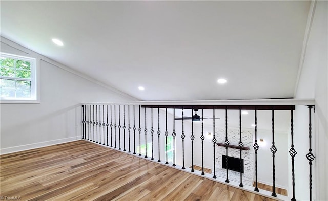 1628 Eagle Crest Dr, Pfafftown, NC 27040 - hallway with wood finished floors, vaulted ceiling, and recessed lighting