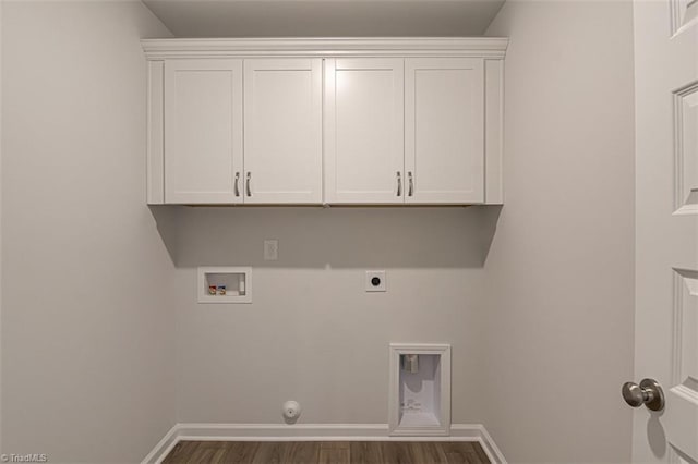 clothes washing area featuring baseboards, dark wood finished floors, gas dryer hookup, washer hookup, and electric dryer hookup