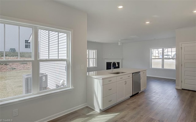 kitchen featuring baseboards, white cabinets, dishwasher, wood finished floors, and a sink